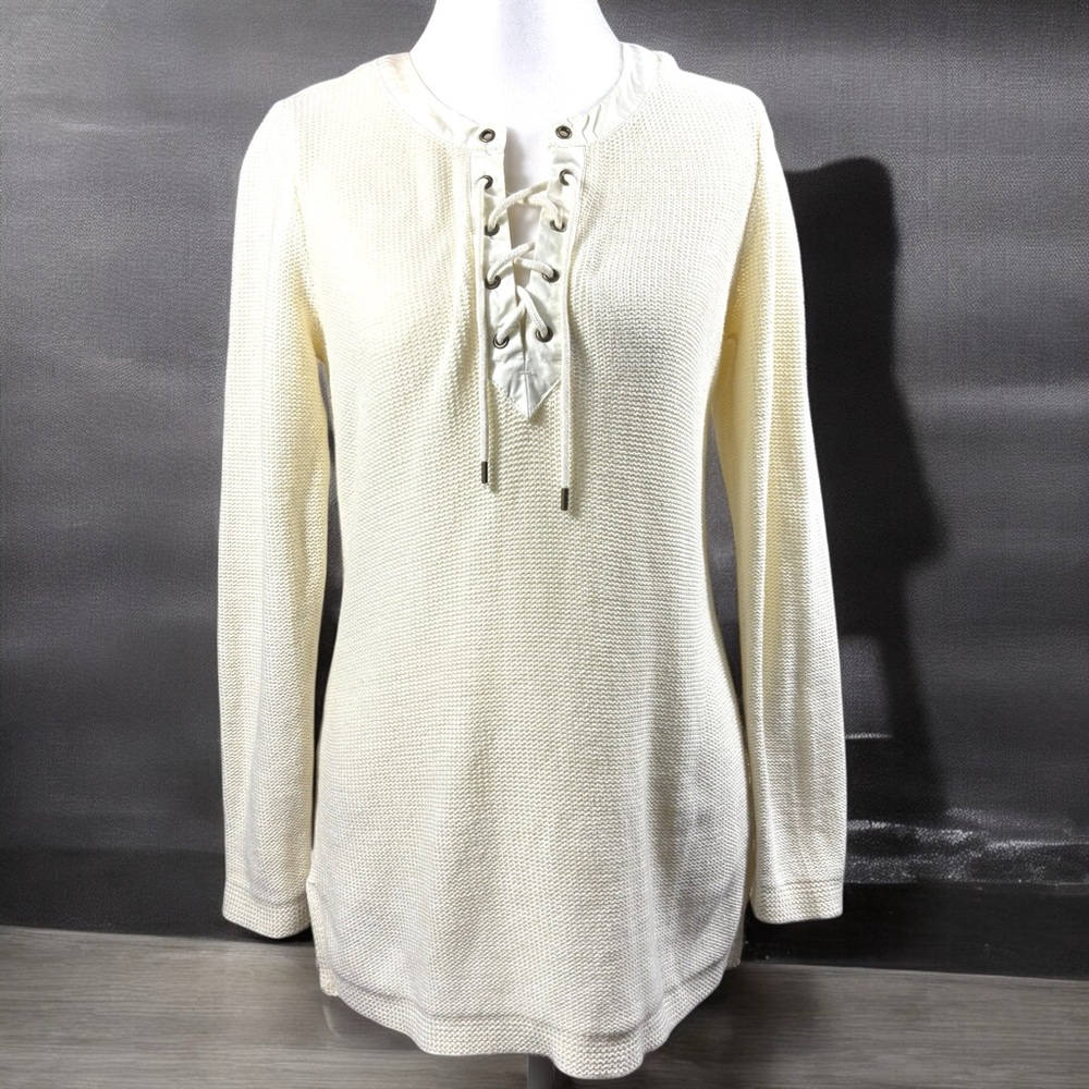 Lauren Ralph Lauren Sweater Women XS Cream Lace Up Oversized Cotton Preppy